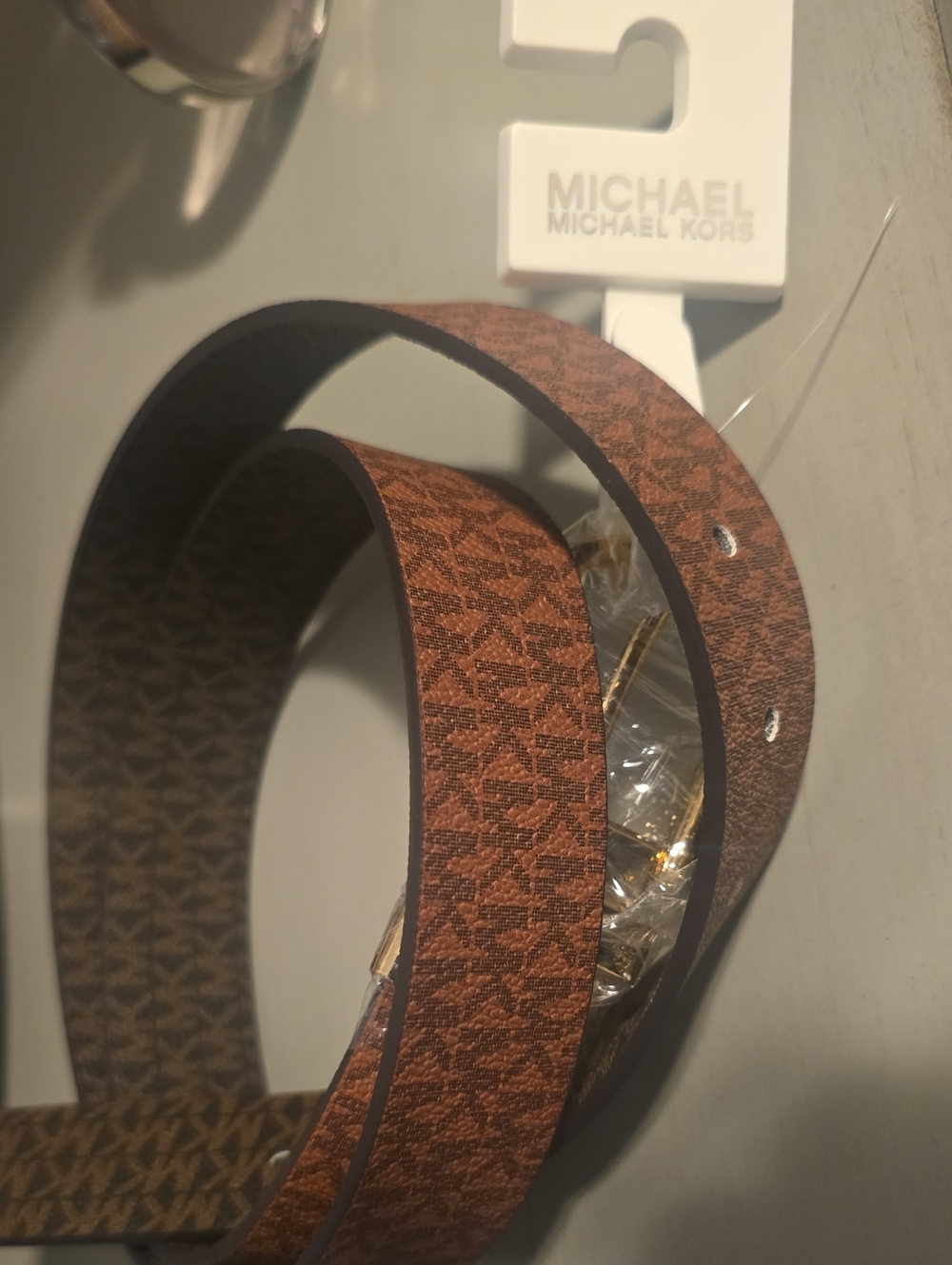 MICHAEL Michael Kors Brown MK Monogram Belt with Gold Hardware Large.